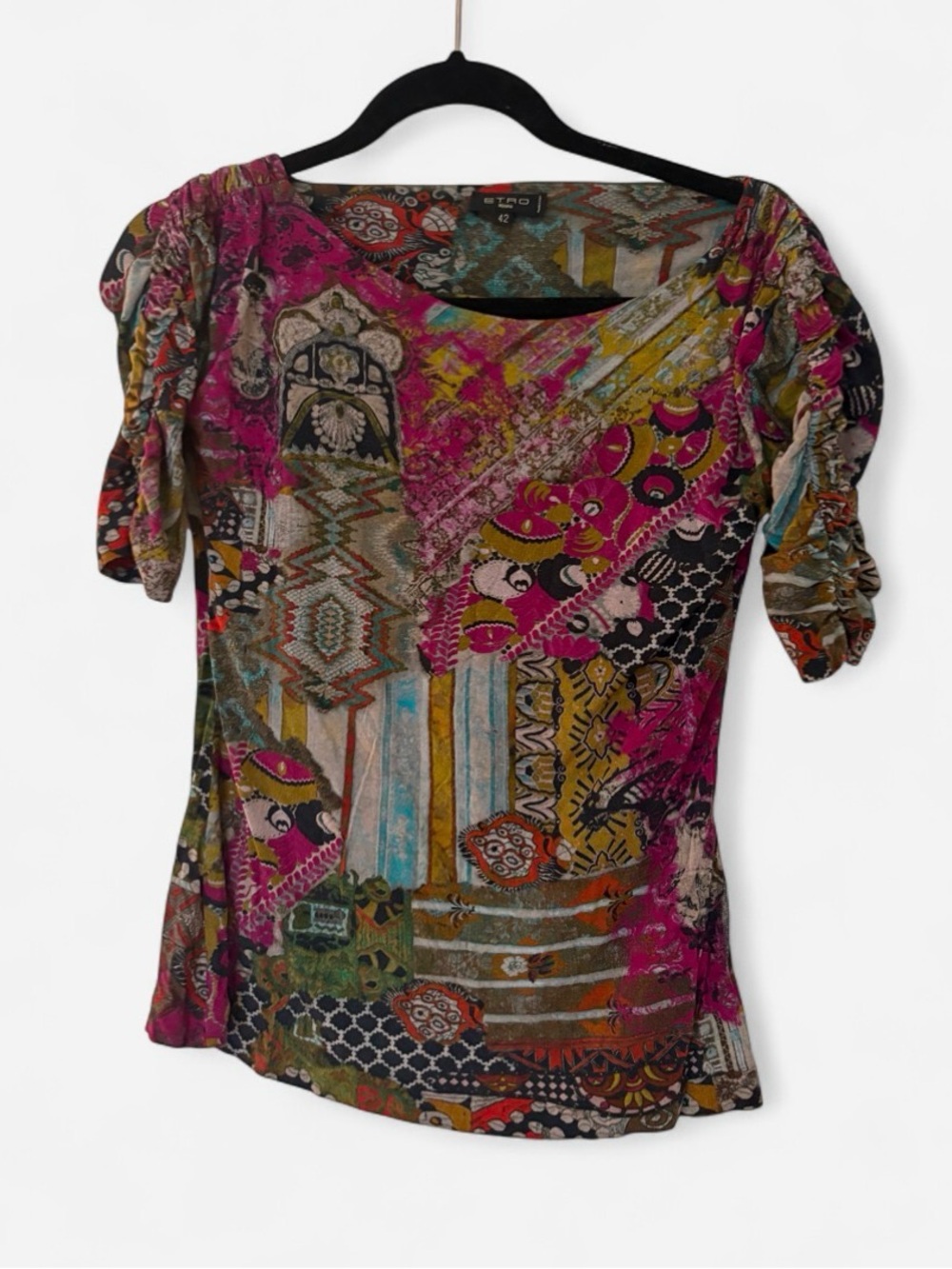 Etro Milano Vintage Cashmere Blend Patchwork Print Top Sz 42